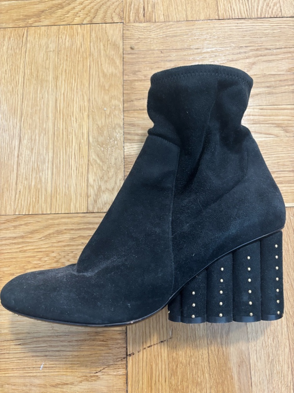 Salvatore Ferragamp Black Suede Ankle Boot with Studded Block Heel